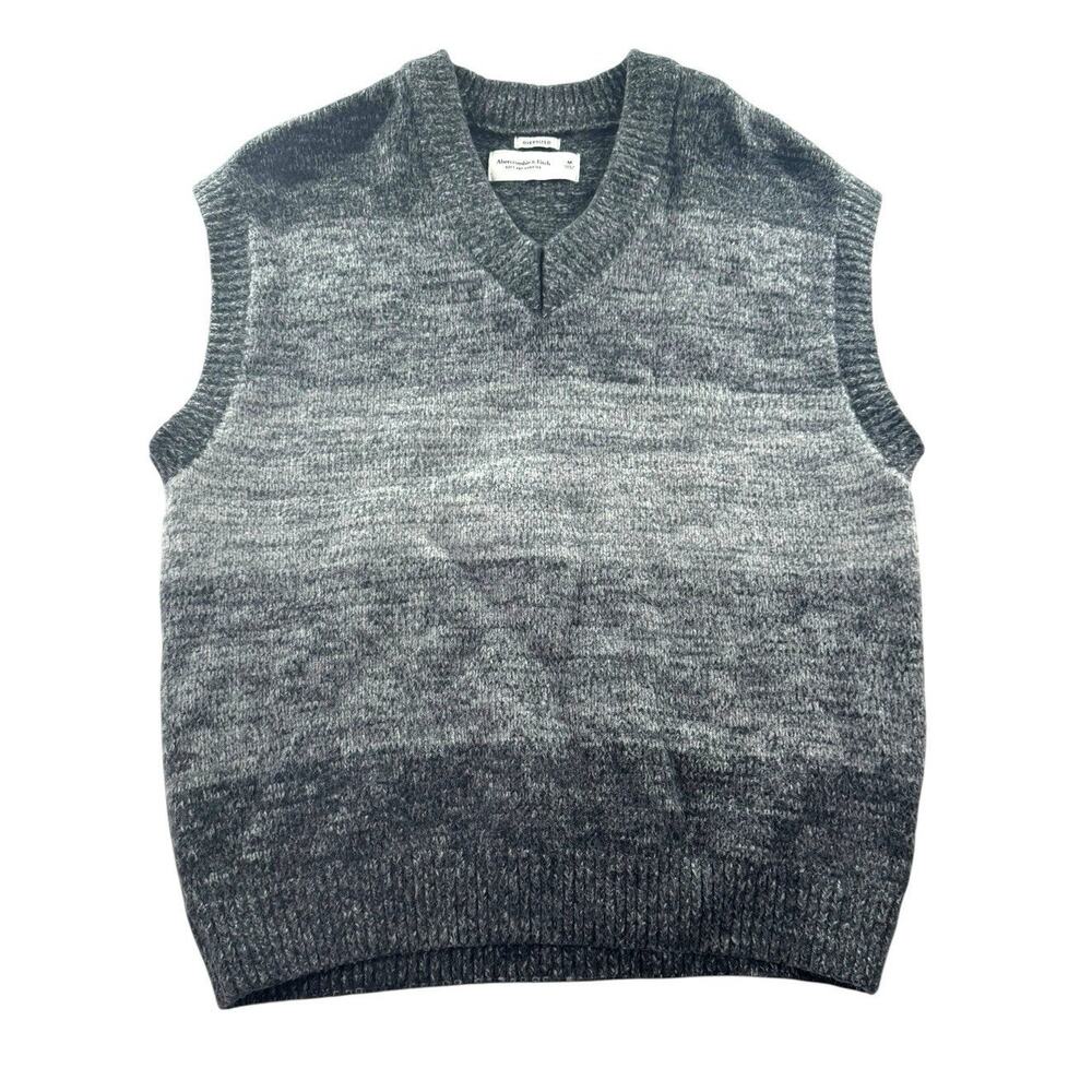 Abercrombie & Fitch Mens Sweater Vest M Gray Striped Oversized Academia Soft